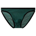 Men's low waist lace underwear shorts in black, showing transparent visual style and lace fabric detail.