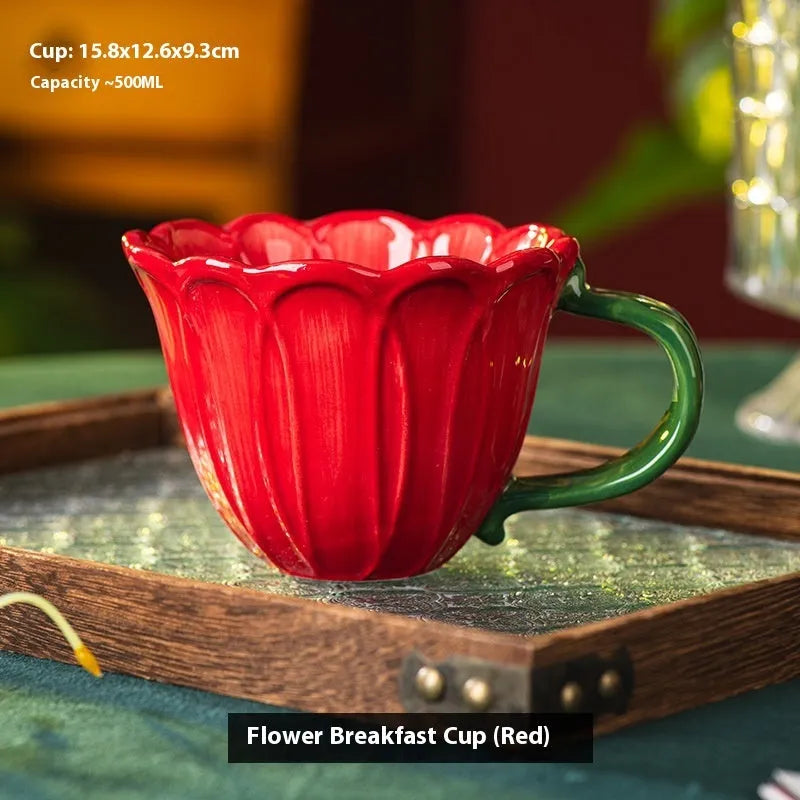 500ml floral patterned ceramic breakfast mug in red or purple.