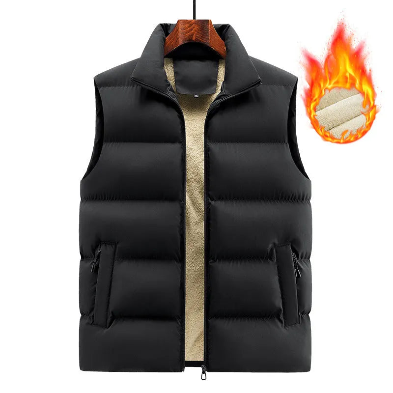 Men's striped lambswool vest in black, dark blue, or red, shown as a fleece-lined waistcoat for autumn and winter wear.