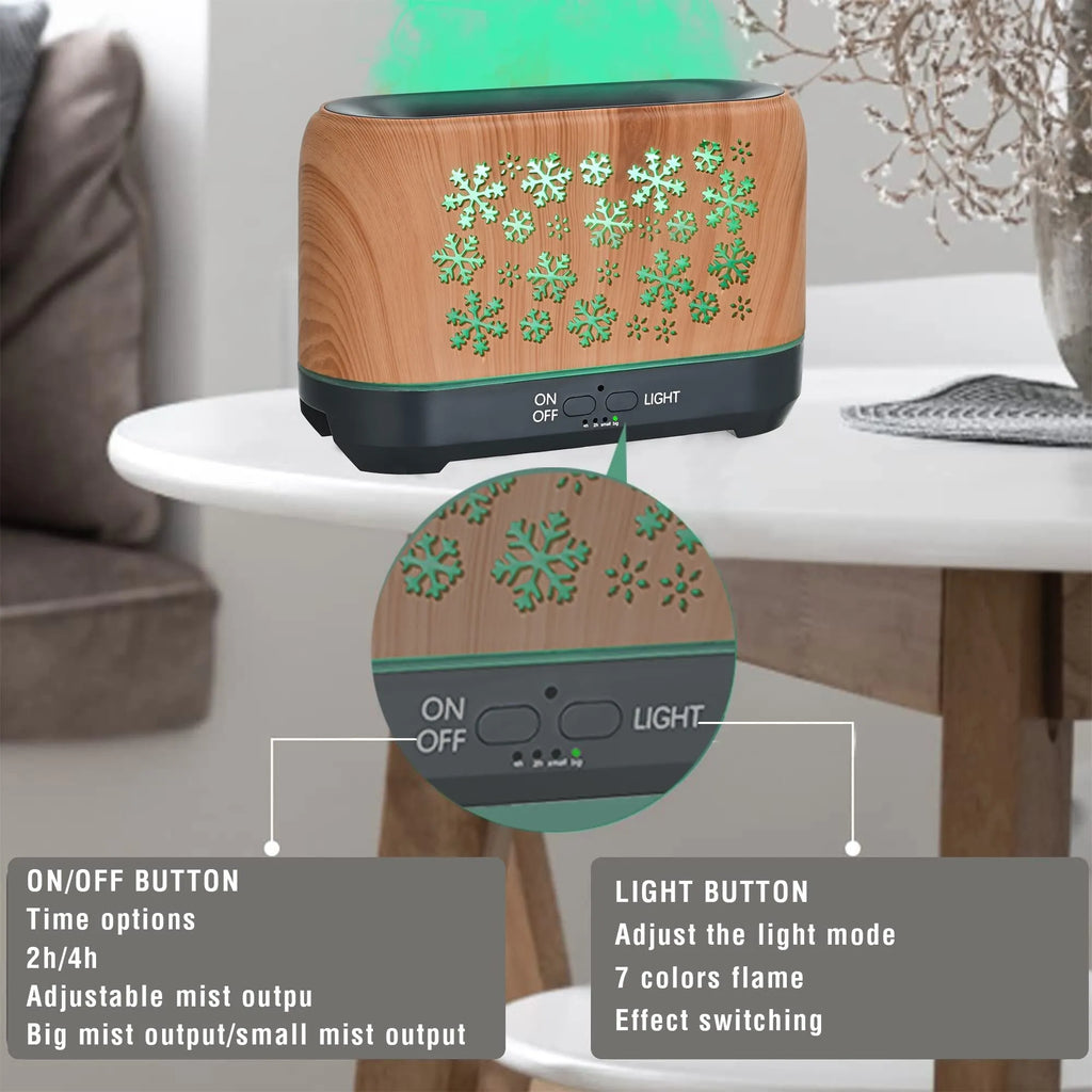 Colourful snowflake pattern aromatherapy humidifier with glowing flame effect and remote control on a desktop.