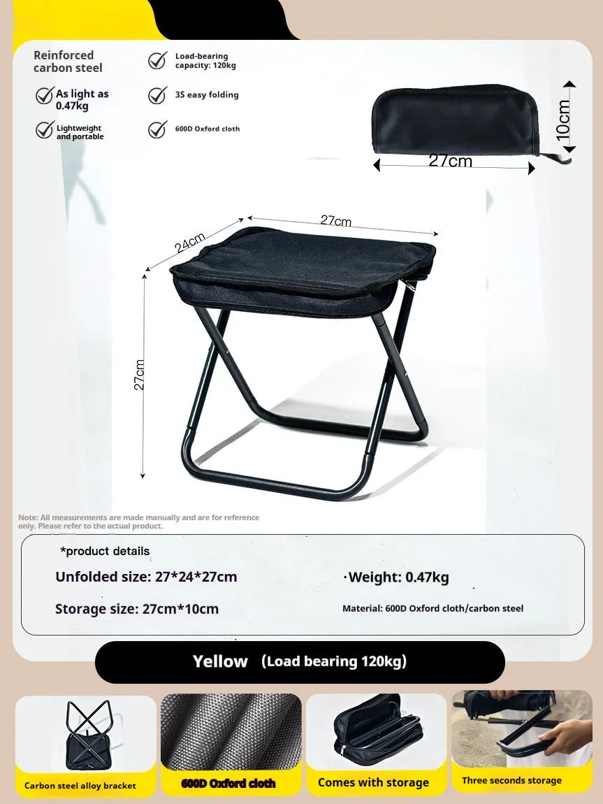Outdoor folding camp stool in khaki colour with crossbody carry bag, shown in folded and unfolded states.