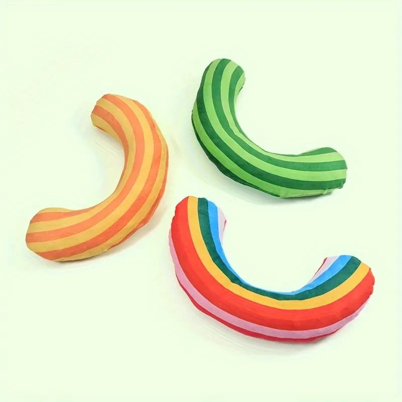 Striped pattern cat pillow toy with built-in catnip in green, rainbow or yellow colours