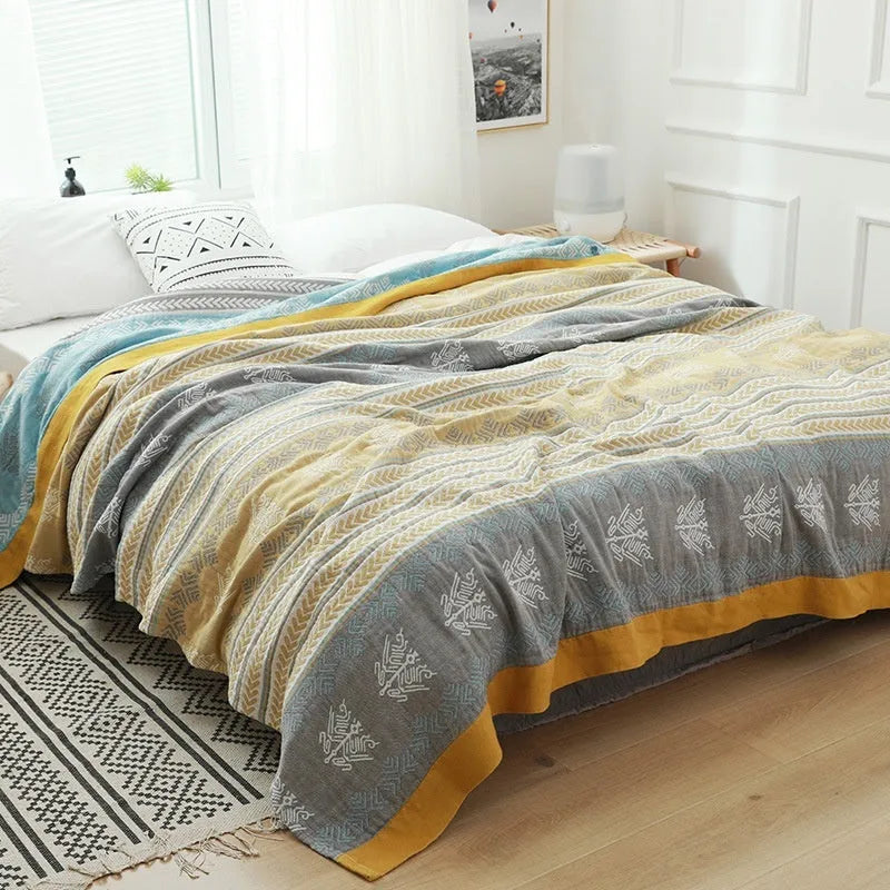Thickened five-layer gauze bed sheet blanket in Roulette Wheel Blue pattern, pure cotton construction