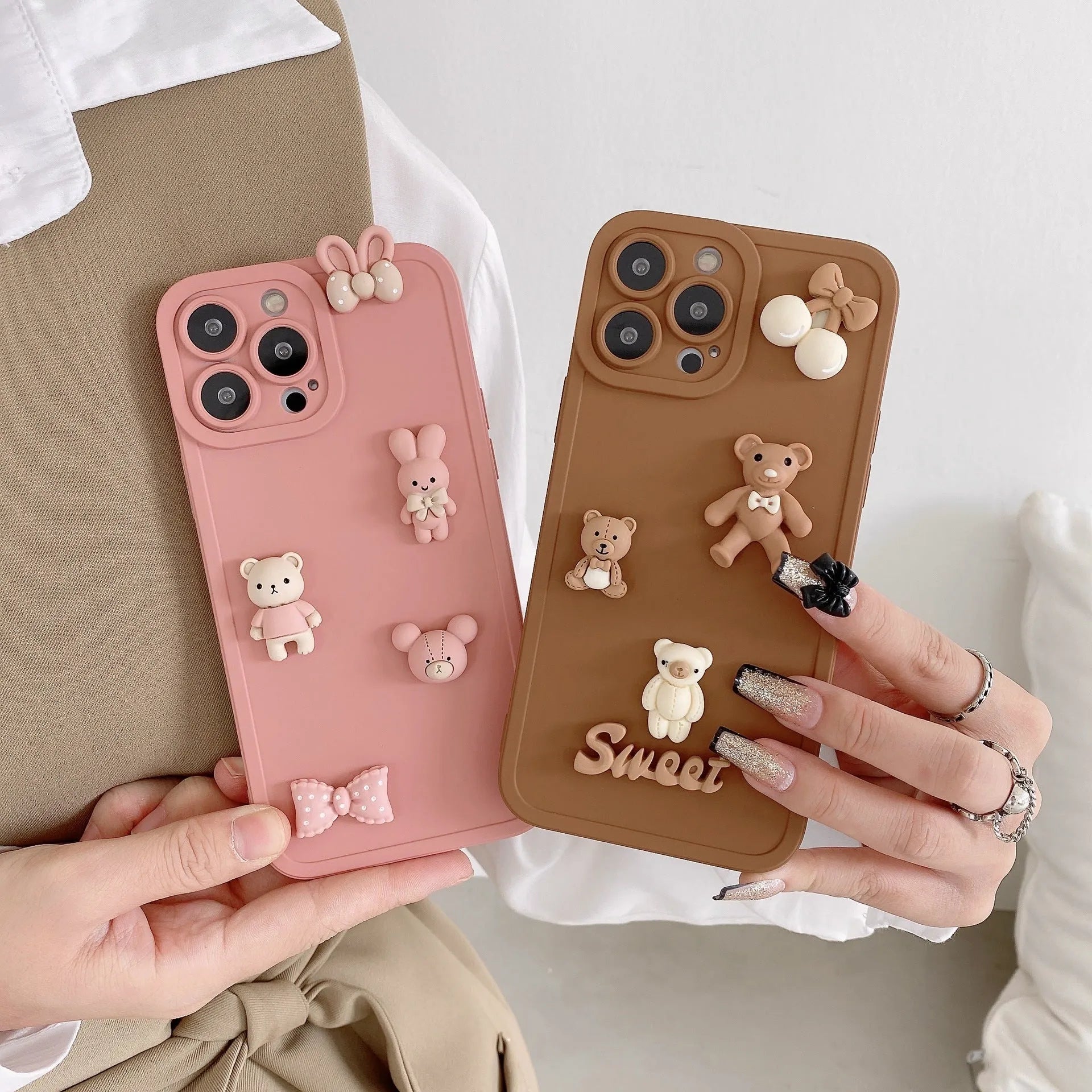 Three-dimensional bear design TPU phone case for iPhone in caramel colour, front view