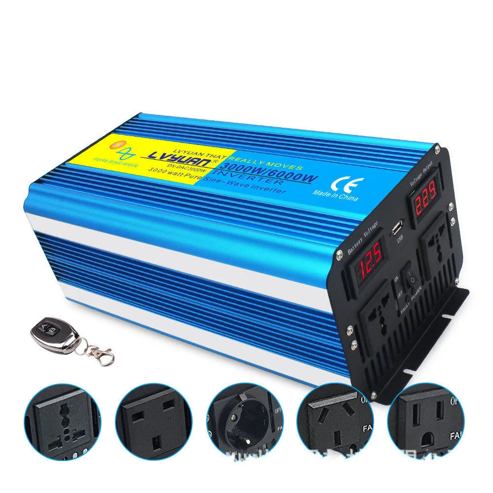 Blue 3000W pure sine wave car power inverter with digital displays and remote control