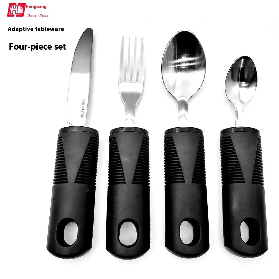 Stainless steel adaptive tableware with rubber handles in black and grey curved and straight designs