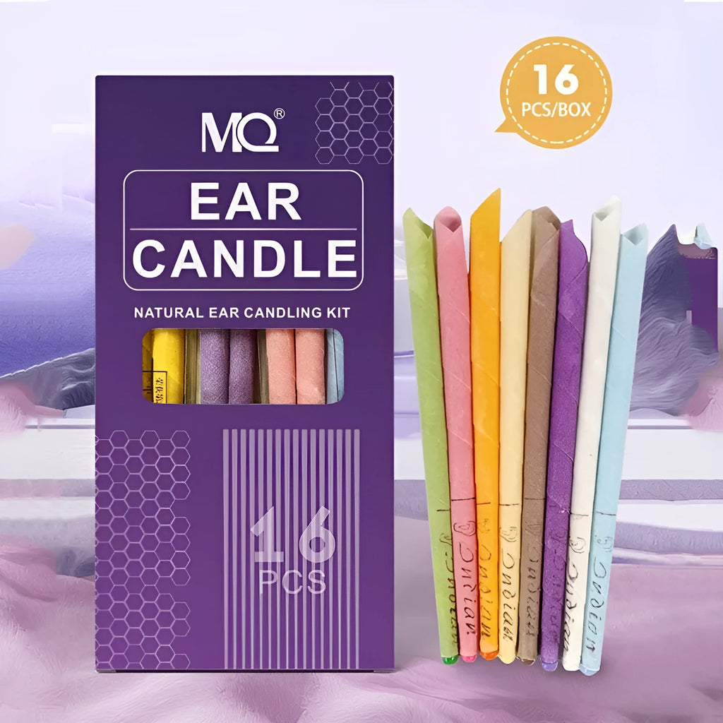 MQ Horn 16 piece ear candle set with protection boards and cotton swabs in assorted colours