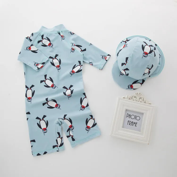 Boy's penguin long sleeves swimsuit one-piece with matching swim cap for sun protection