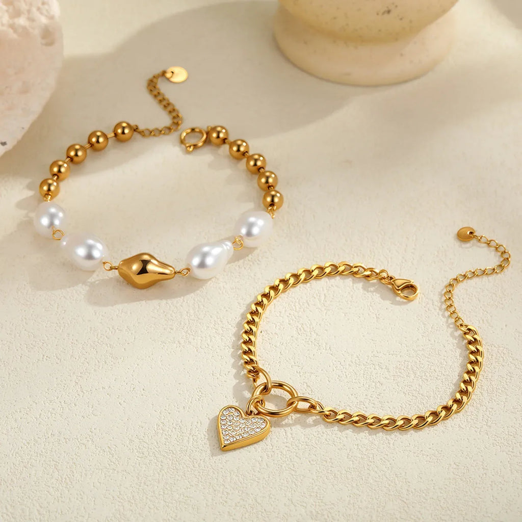 Fashion 18K stainless steel heart shape bracelet with baroque pearl and diamond accent for women