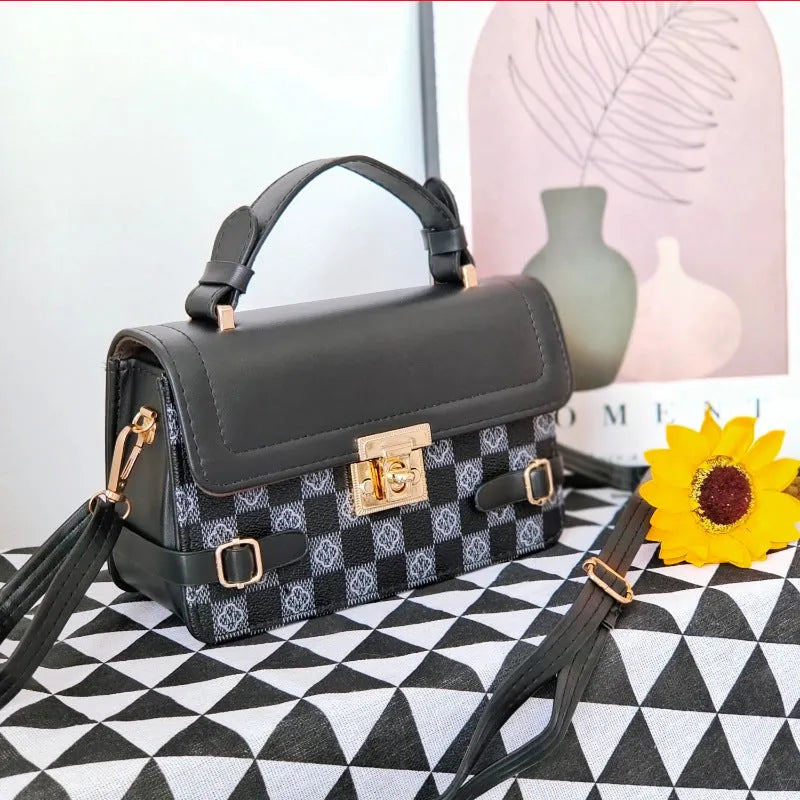 Retro-style square crossbody bag with floral stitching and a diamond pattern in PU leather.