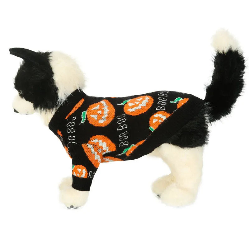 Black Halloween dog sweater with orange knitted pumpkin pattern costume