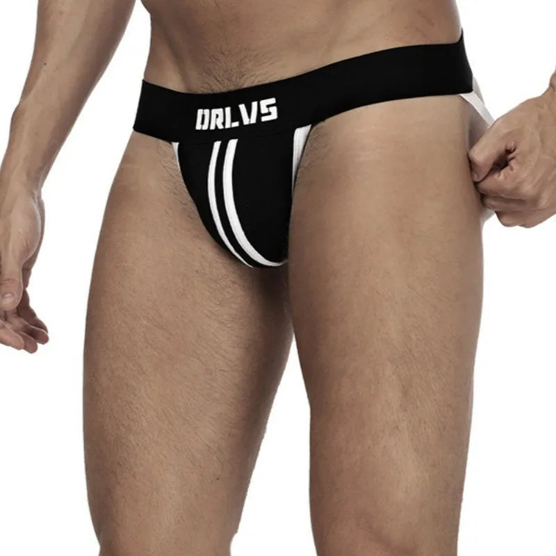 Men's cotton low waist thong in solid colour with double belt back design, front view