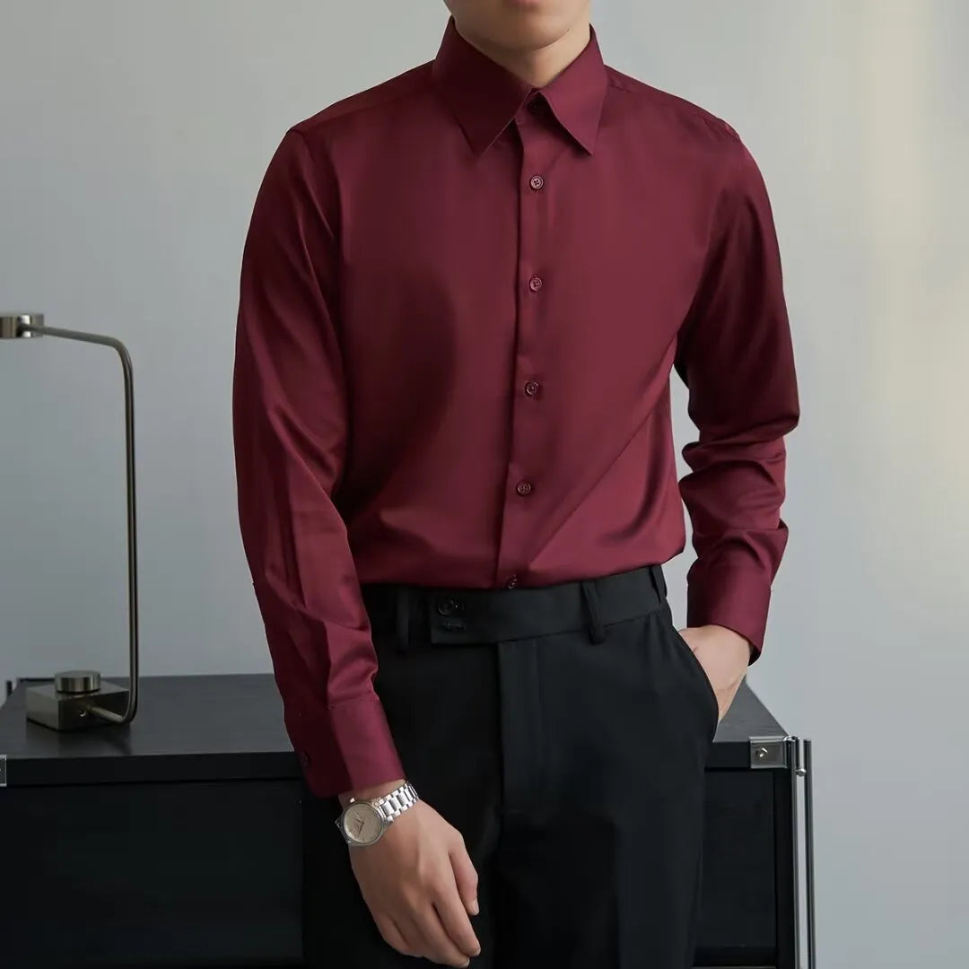 Men's Korean style slim fit long sleeve shirt in black polyester with Japanese retro cardigan design