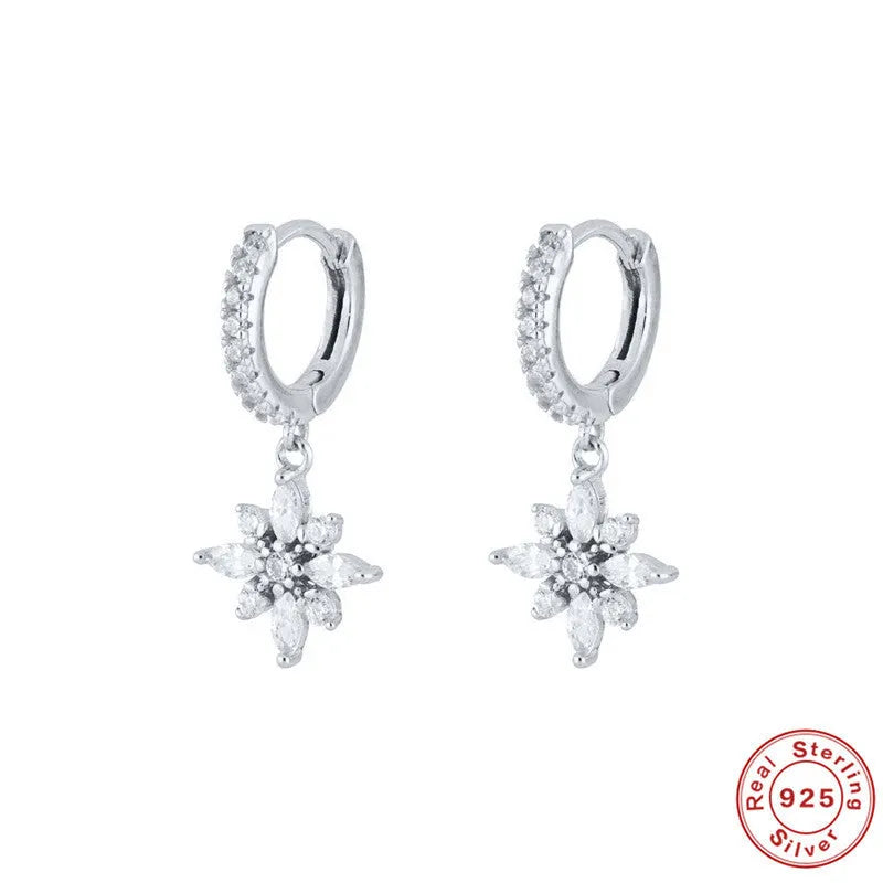 Sterling silver snowflake pendant earrings with geometric design in white gold or yellow gold colour