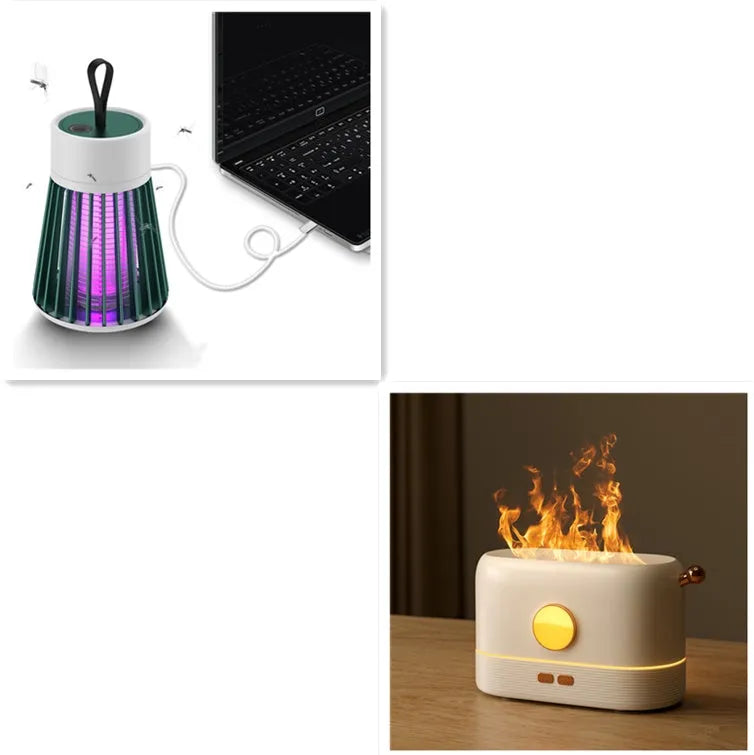 Black USB desktop humidifier with simulation flame light effect and water vapour mist.