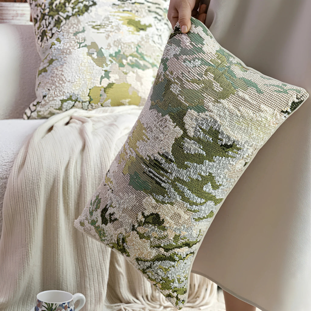 Antique green abstract botanical pillow with spring flower pattern in French style design