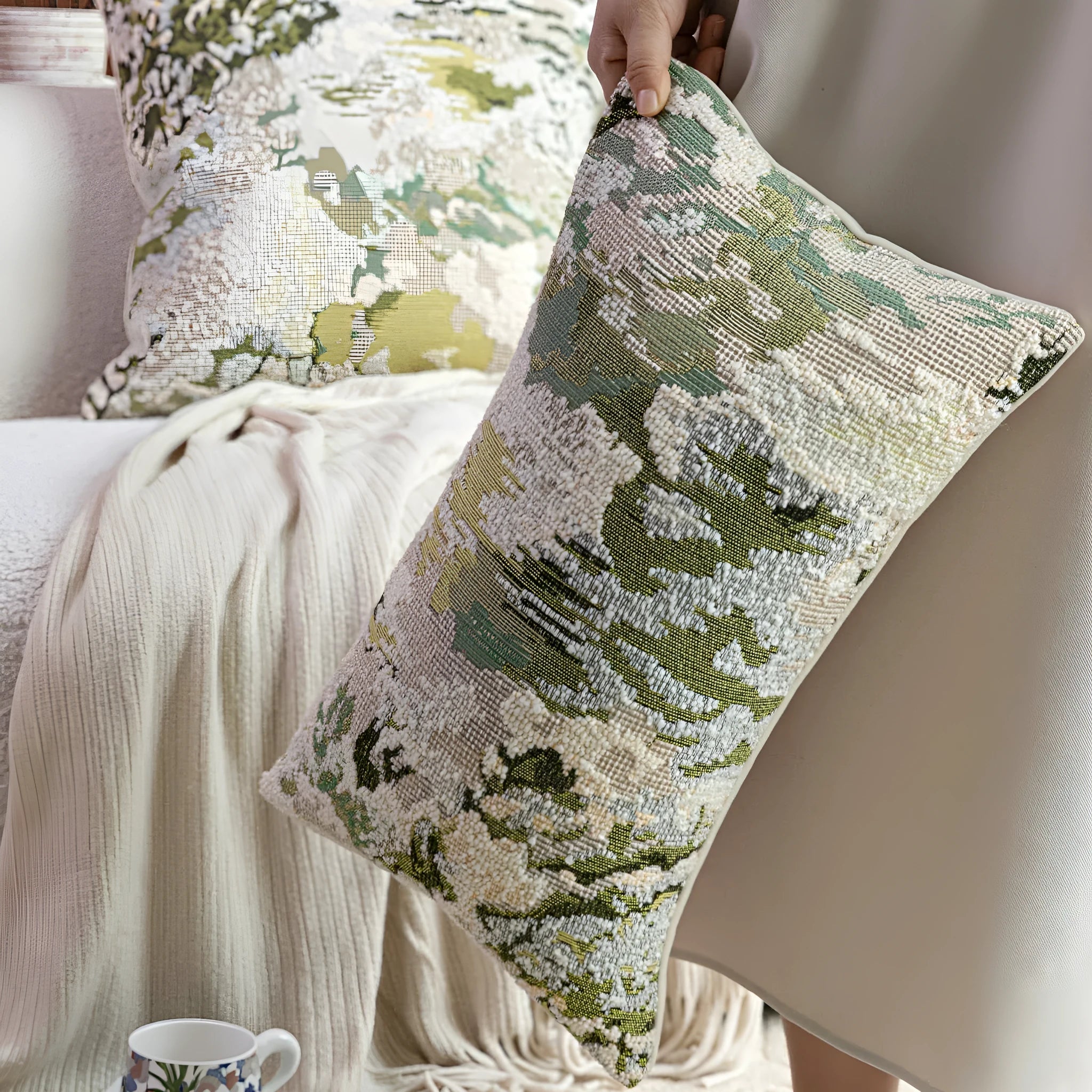 Antique green abstract botanical pillow with spring flower pattern in French style design