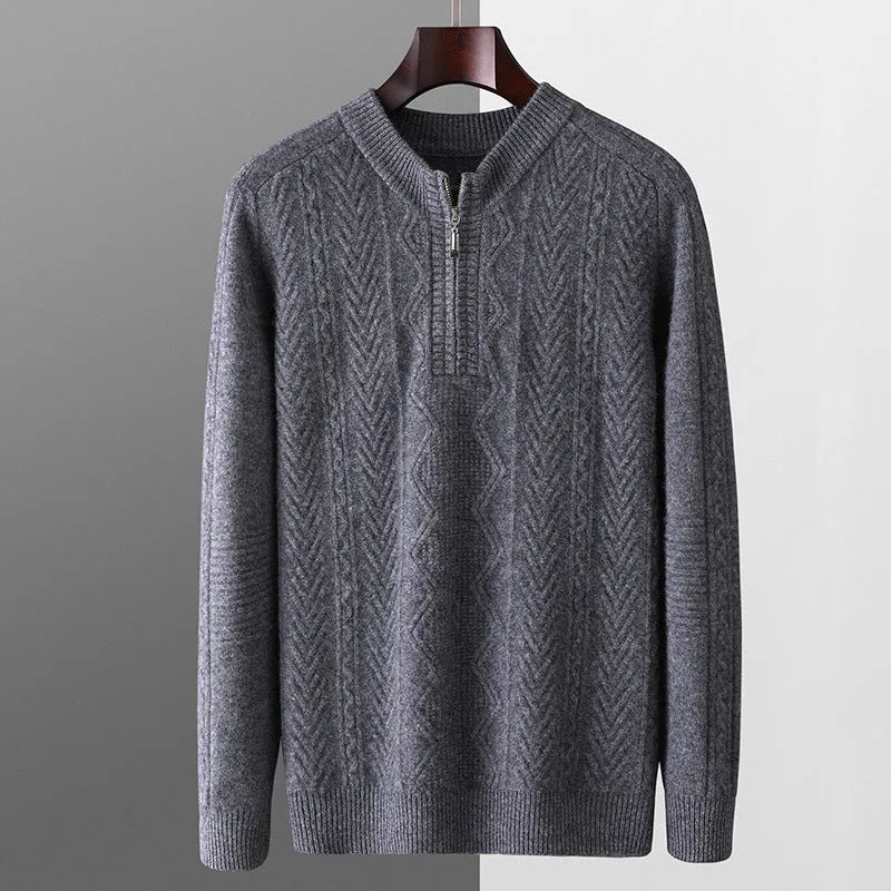 Men's pure wool diamond lattice half-zip sweater in loose fit with long sleeves