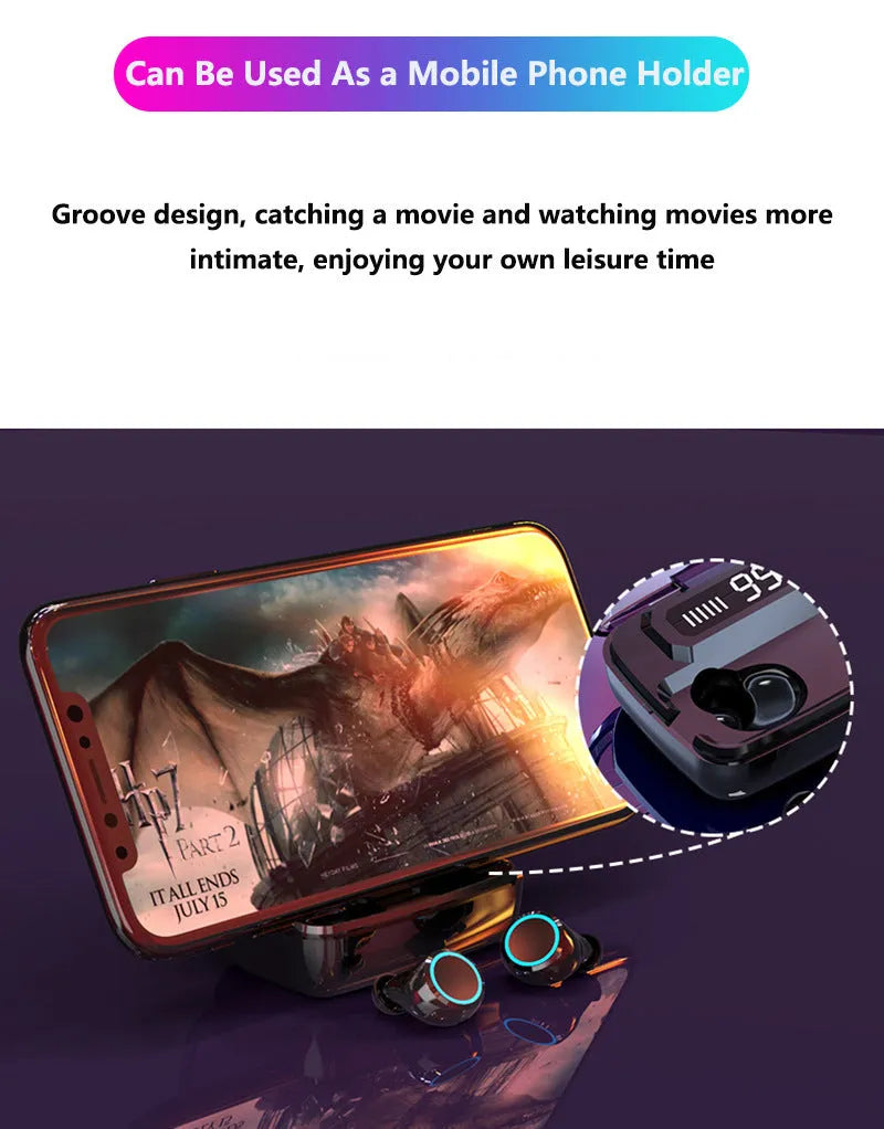 Black M11 Bluetooth wireless headset with digital display and charging case