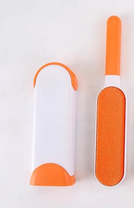 Reusable pet hair removal brush with double-sided roller and self-cleaning base
