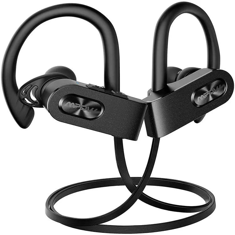 Hanging ear Bluetooth wireless headset in black, pink, or red colour with stereo sound.