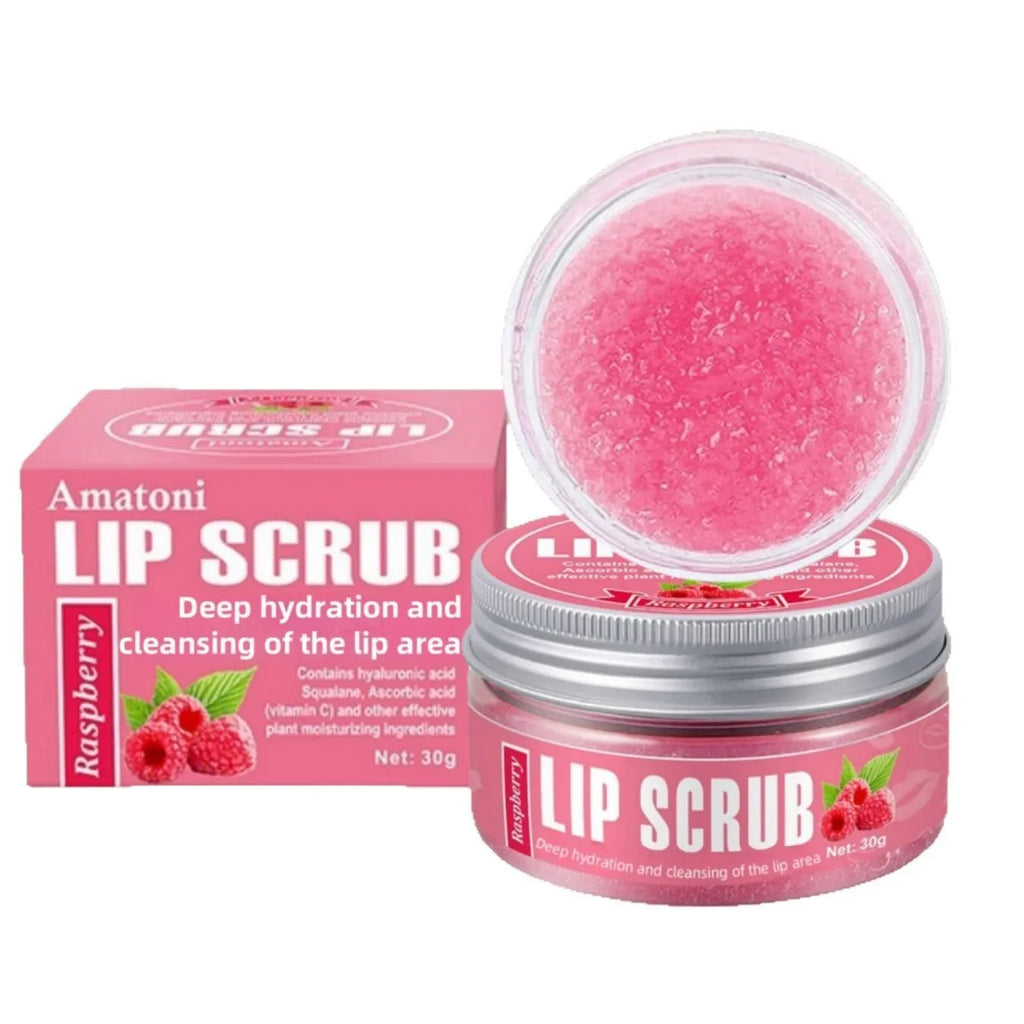 Pot of Amatoni fruit flavour lip scrub cream for exfoliating and moisturising lip care.