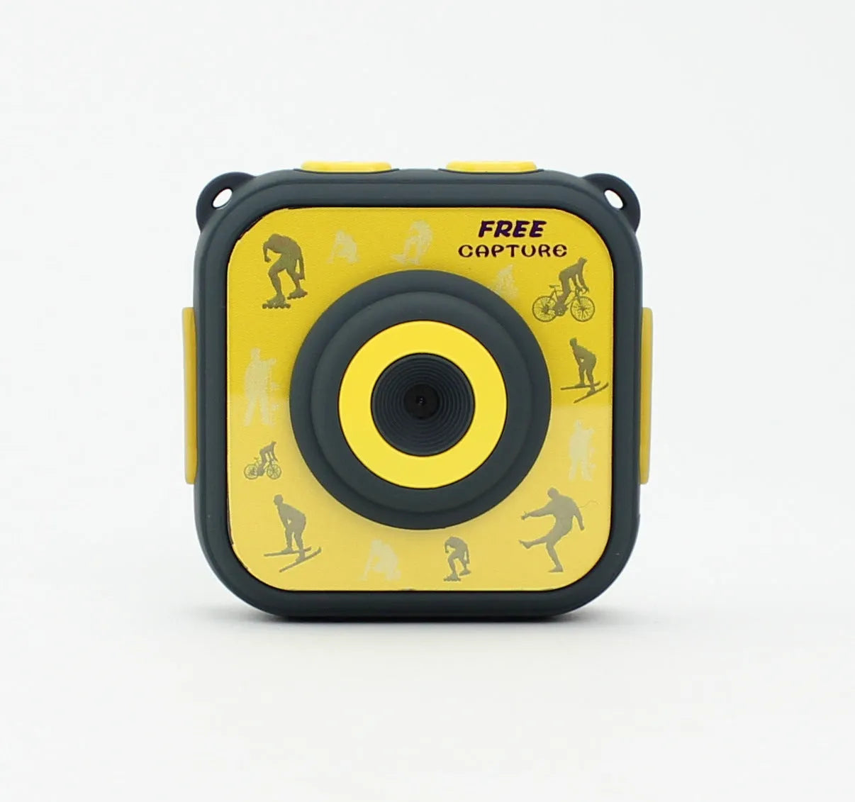 Yellow children's waterproof sports camera showing front with lens and 1.77-inch screen