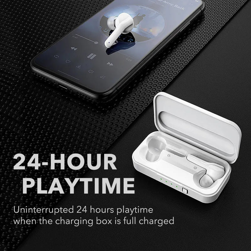 Black and white true wireless stereo earbuds with in-ear design and Bluetooth 5.0.