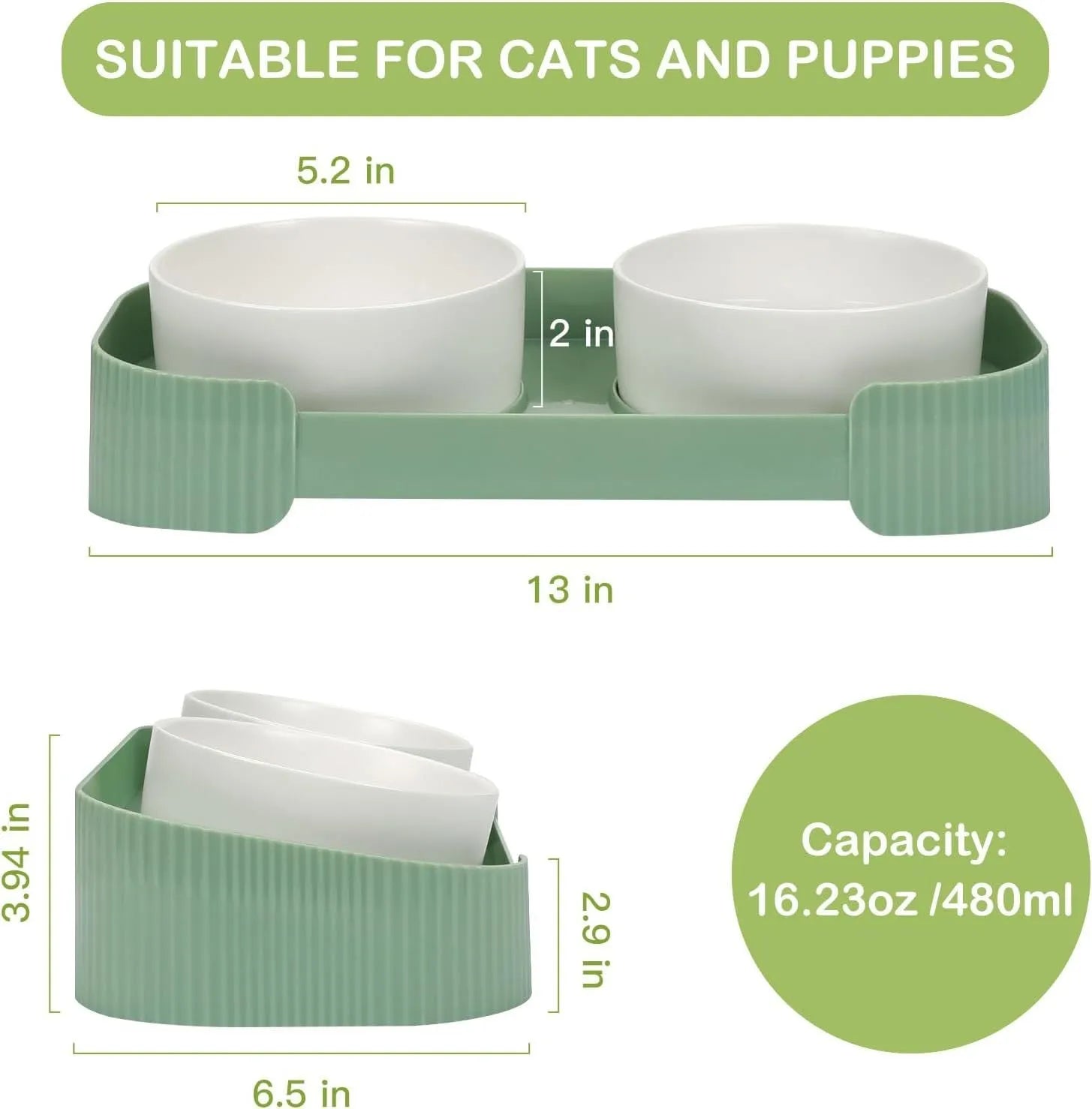 Green ceramic raised cat food and water bowls set with tilted stand on a kitchen floor.