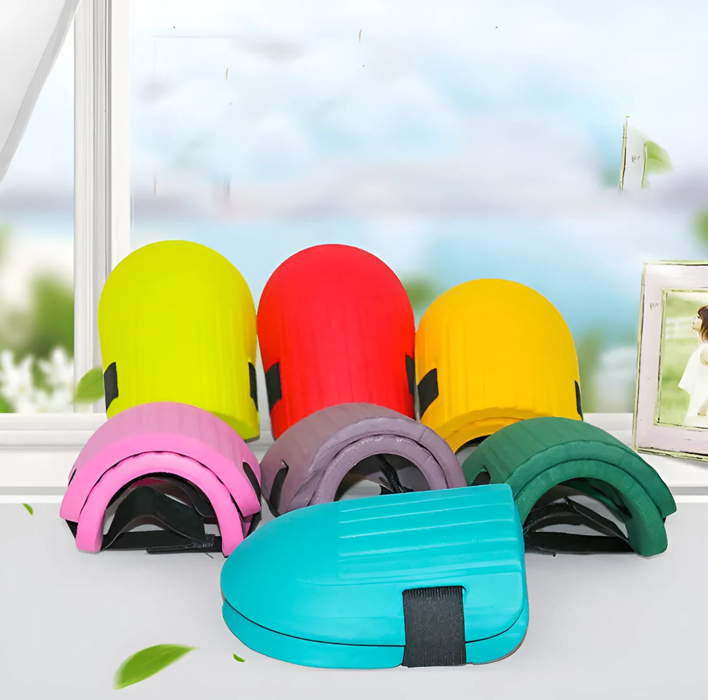 EVA foam knee pads for gardening in five colour options showing dimensions 19x15x1.3cm