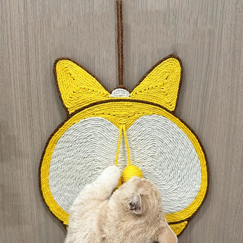 Yellow Corgi design sisal cat scratching pad with anti-slip base and adhesive hooks