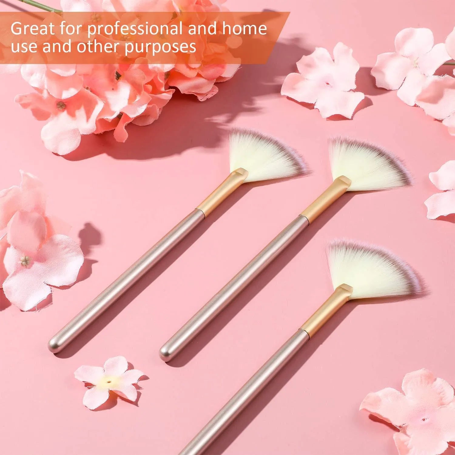 Ten champagne-finished acrylic handle facial fan brushes with protective covers