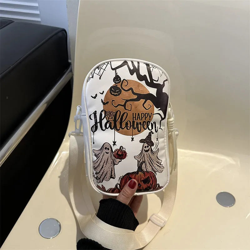 Halloween graffiti phone crossbody bag with cartoon pumpkin ghost bat print