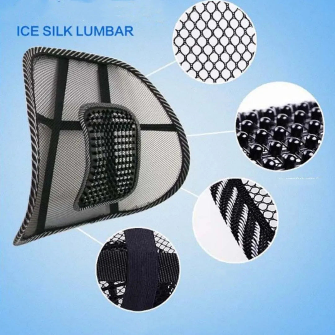 Black car lumbar support pillow with steel wire frame measuring 41x39cm