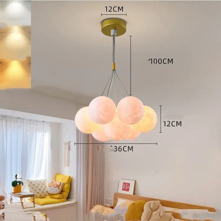 Nordic style bubble moon bedroom chandelier with gold iron body and spherical PMMA lampshades