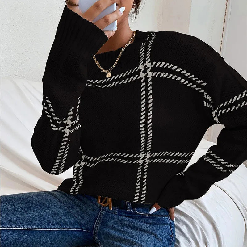 Women's loose fit plaid colour-block acrylic pullover sweater with striped pattern.