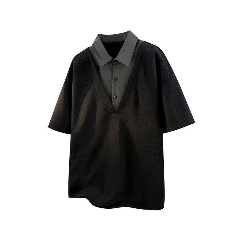 Men's apricot coloured polo shirt sweater with a structured heavy Henry collar and short sleeves
