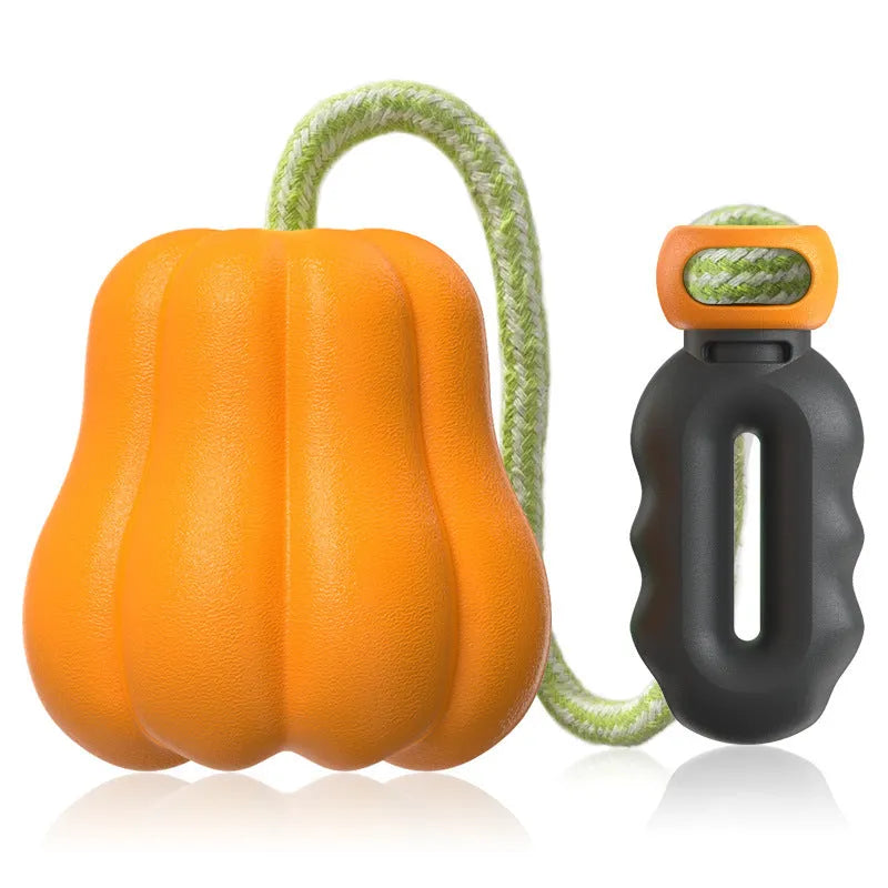Pumpkin orange plastic dog toy with bite molar texture and an integrated blue tug-of-war rope.