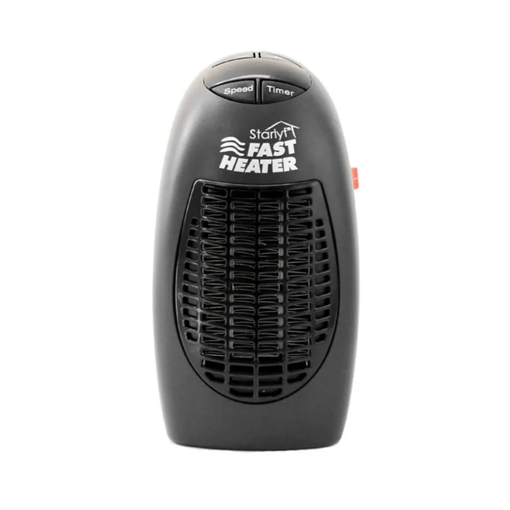 Black mini ceramic electric heater with digital display and a rotating three-prong plug on a white background.