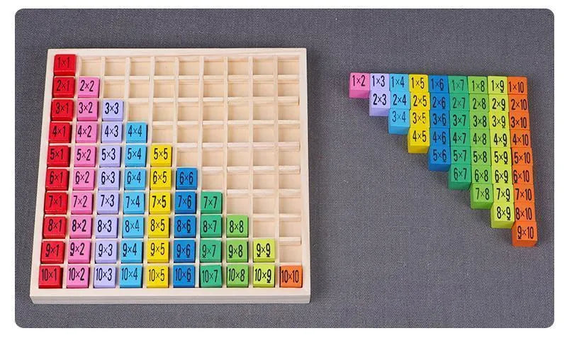 Wooden multi-coloured multiplication table with numbered cubes and base board