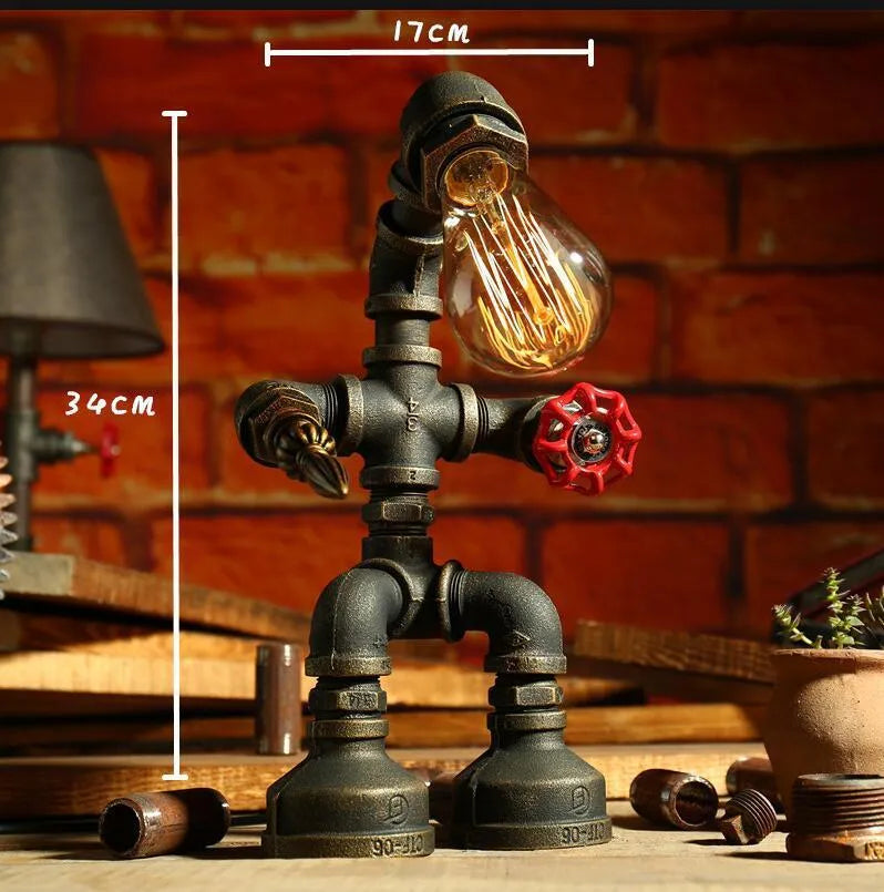 Robot Table Lamp vintage industrial desk light with iron pipe design green bronze finish