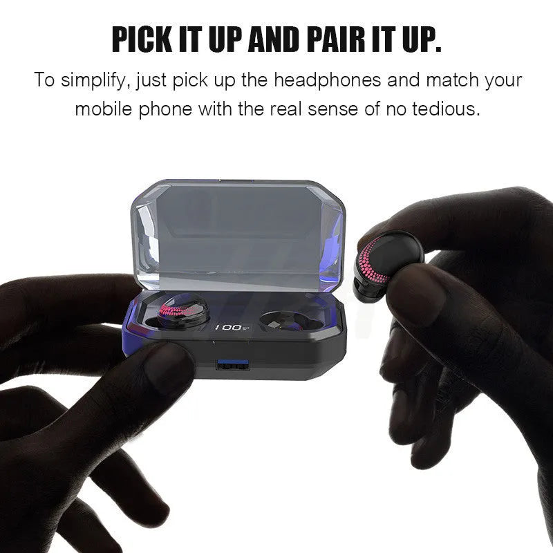 Black X10 Bluetooth headset with charging case showing earpiece design