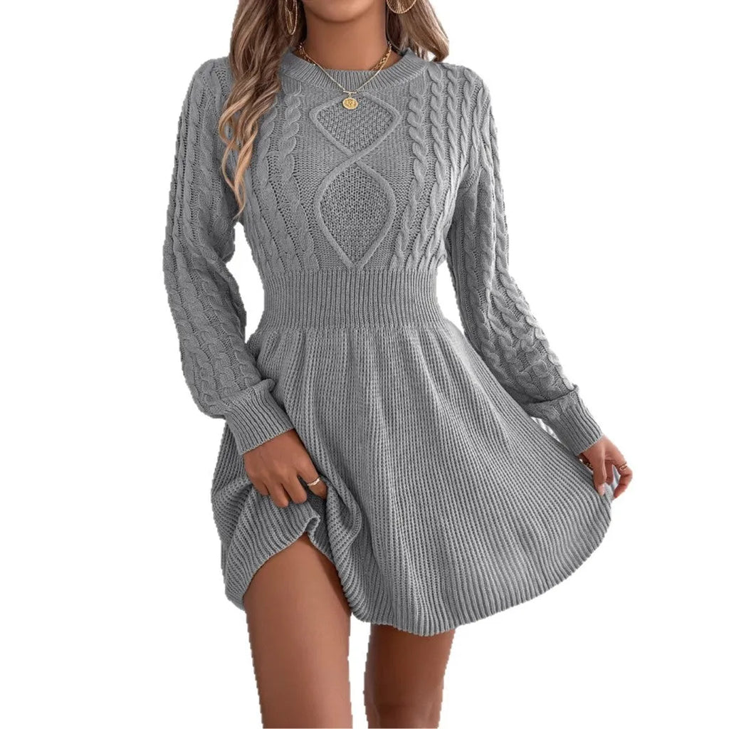 Solid colour women's sweater dress with lantern sleeves and an elastic waist.