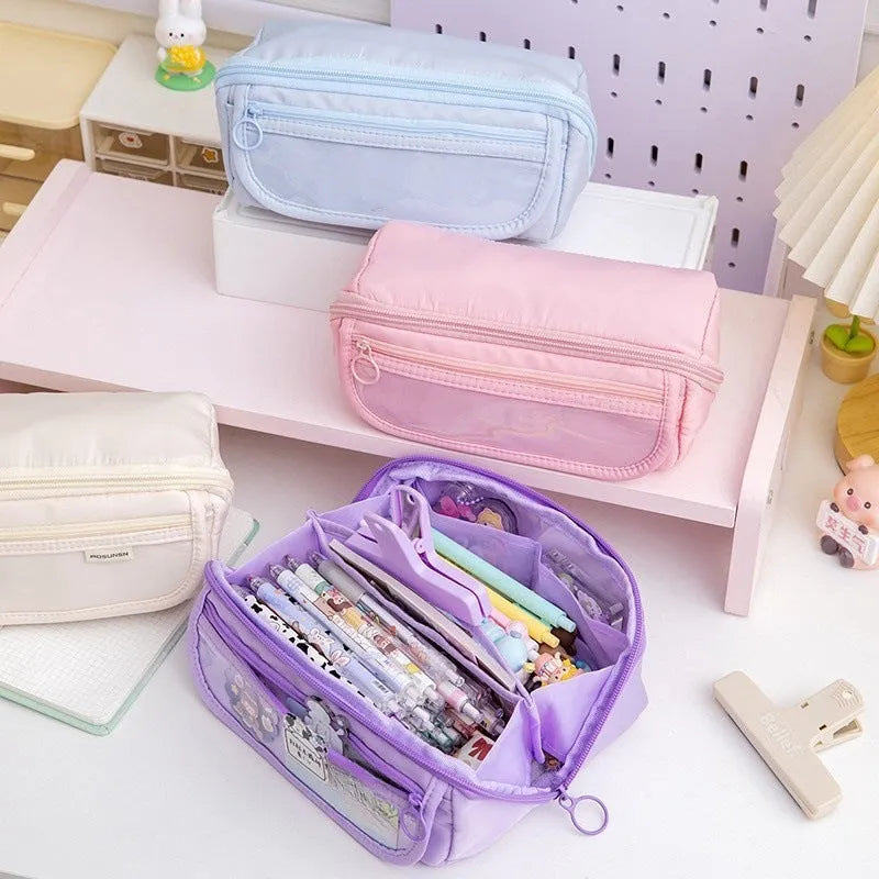 Korean style canvas pencil case with ten-layer flip design showing multiple colour options