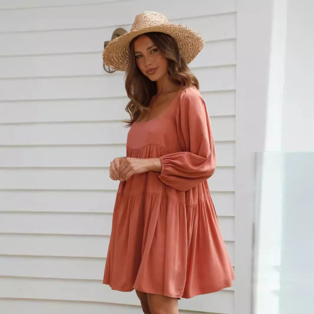 Children's backless dress with square collar and puff sleeves in solid colour A-line silhouette