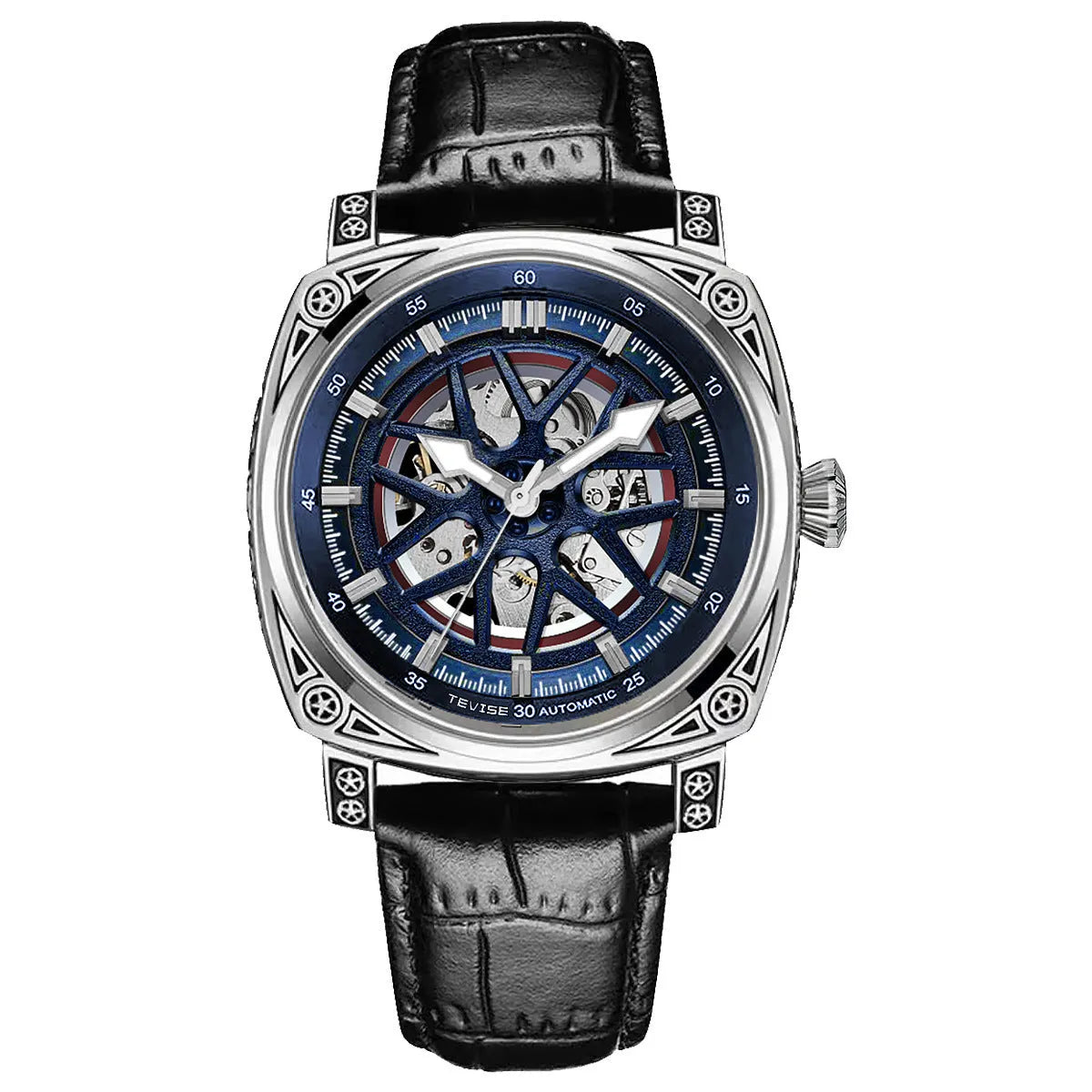 Men's stainless steel automatic watch with a blue leather strap showing time on dial