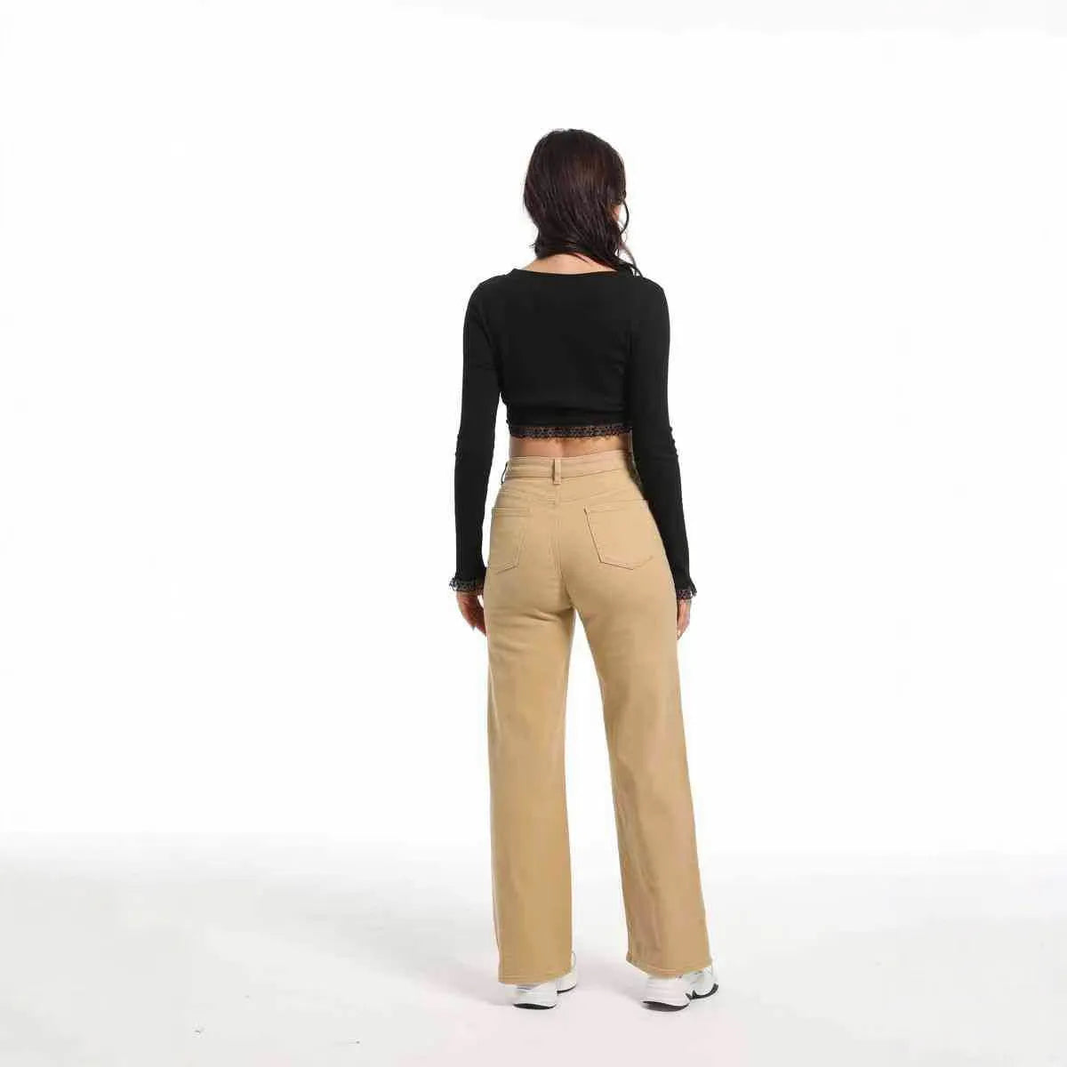 Women's autumn straight jeans in wide leg design, apricot colour, high waist
