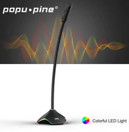 Black wired computer microphone with pop filter and adjustable stand for recording and gaming