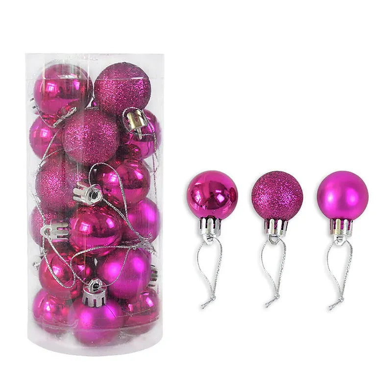 Shiny matte gold, red, silver, and blue 3 cm Christmas baubles spilling from a cardboard box.