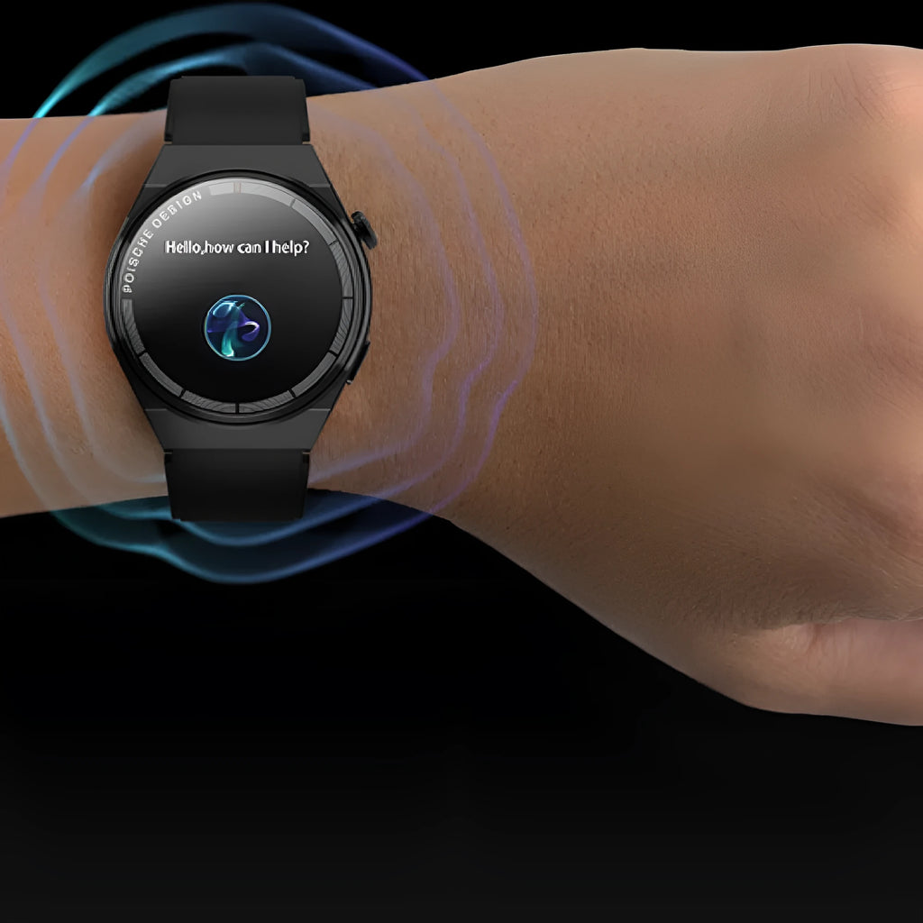 Smartwatch with circular screen on a leather strap, showing NFC payment and calling interface